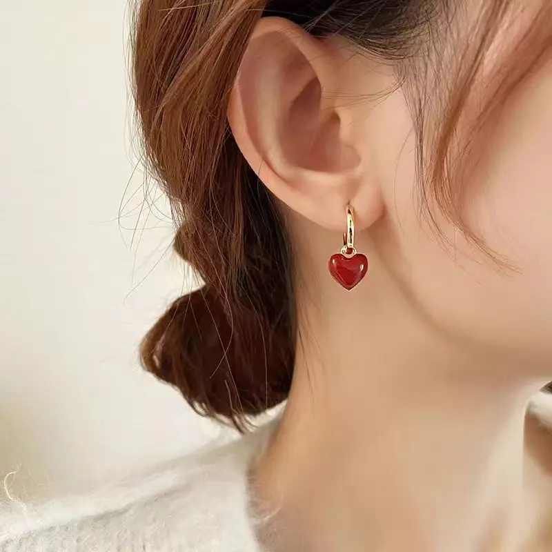 Stylish And Simple Wine Red Love Heart Dangle Earrings For Women Gold Color Circle Vintage Peach Drop Girl Valentine'S Gift