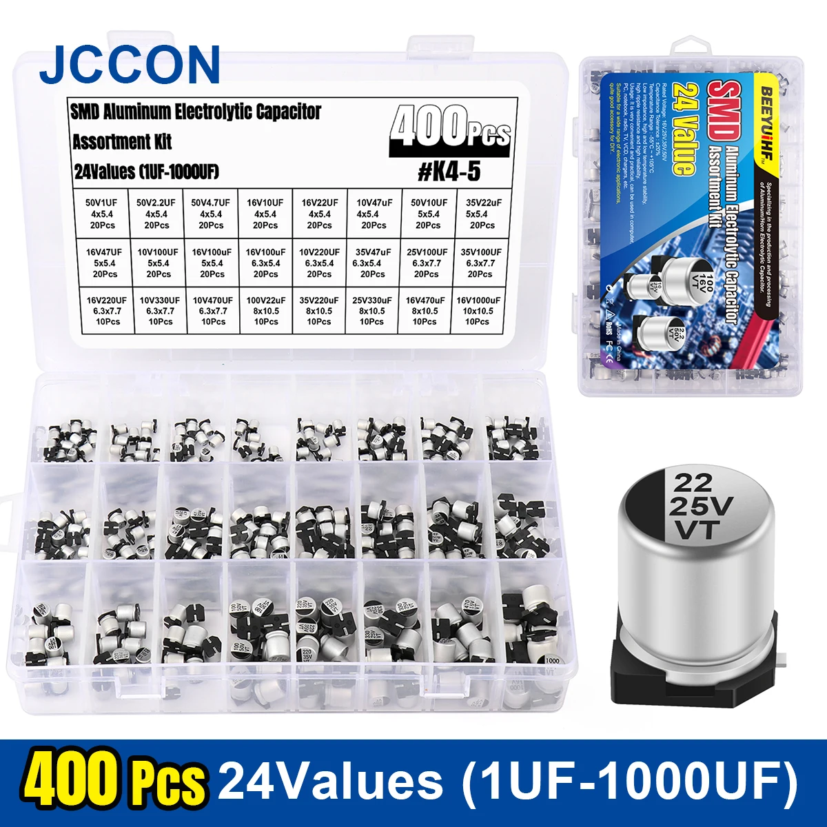 

400Pcs JCCON SMD Aluminum Electrolytic Capacitor Kit 24Values 1uF 2.2uF 4.7uF 10uF 22uF 47uF 100uF 220uF 330uF 470uF 1000uF