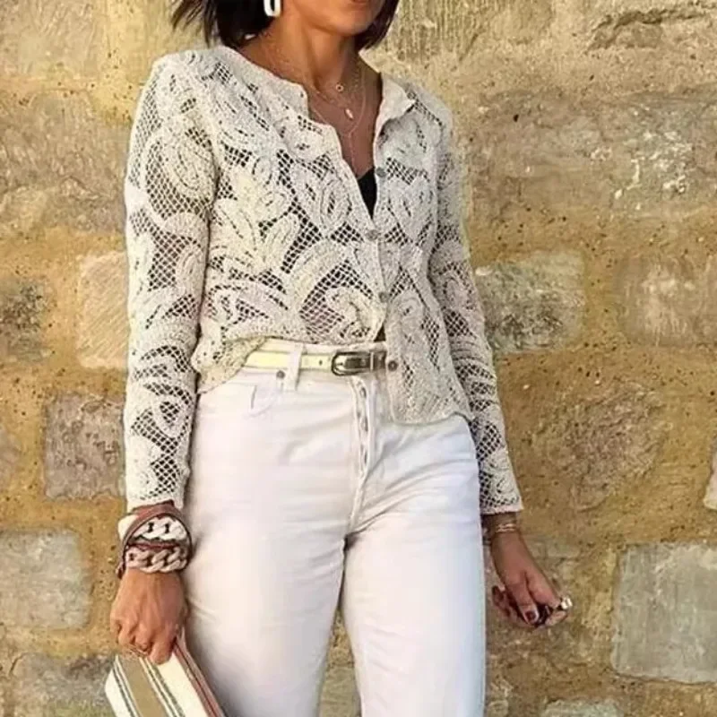 Elegant Floral Hollow Out Shirt for Women, Sexy See Through, ound Neck, Single Breasted, Long Sleeves Coat, Office Lady Outfits