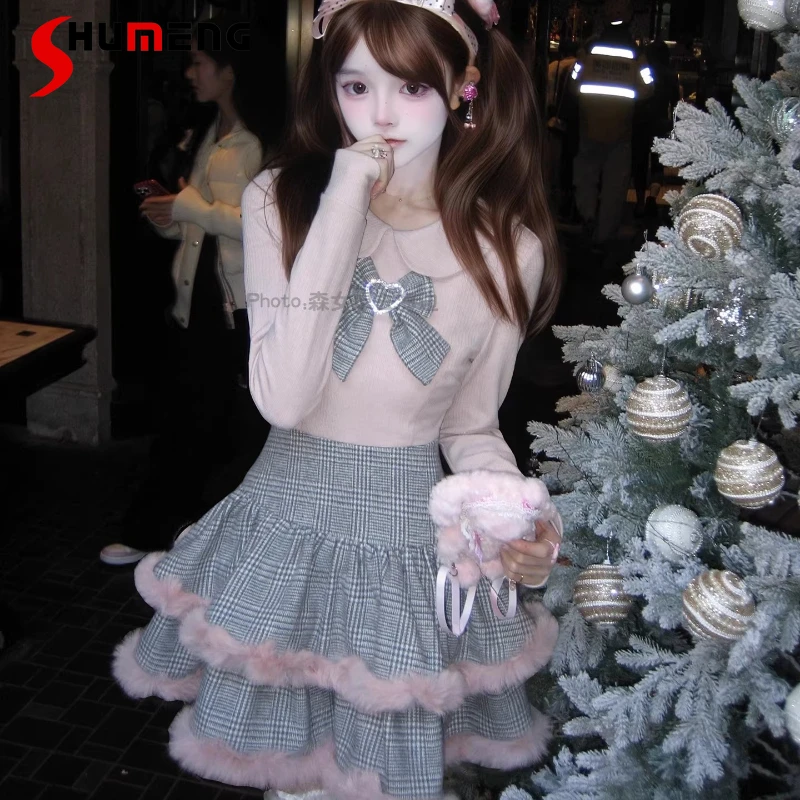 

Sweet Girl's Kawaii Plaid Patchwork Knit Long Sleeve Dress Spring New Japanese and Korean Fashion Women's Slim Fit Short Dress