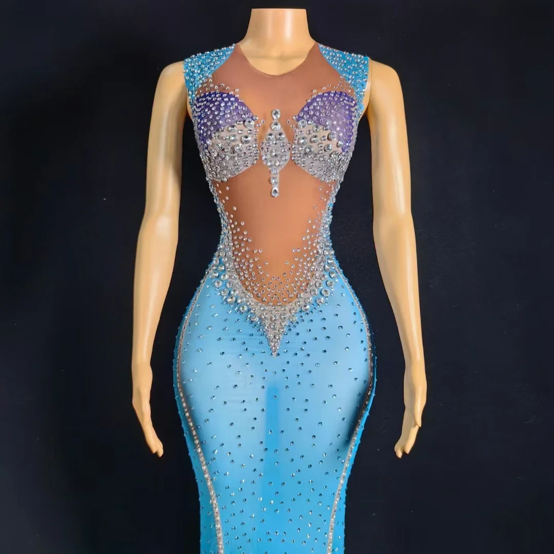 Fashion Women Sleeveless Diamonds Long Dress Stage Performance Costumes Sexy Rhinestones Birthday Party Club Blue Evening Gowns