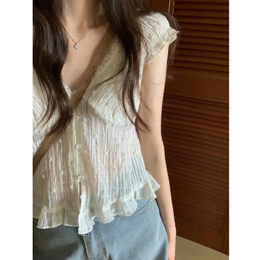 Sweet Lace Hollow V-neck Short-sleeved Button-up Shirt Women's Elegant Style Loose Fit Bubble Sleeve T-shirt Summer Collection