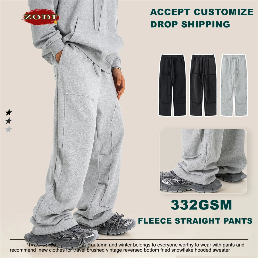 ZODF Fashion 2024 Winter Patches Fleece Straight Pants Retro Unisex Loose Washed 305gsm Warm Soft Trousers Brand Bottoms HY0872