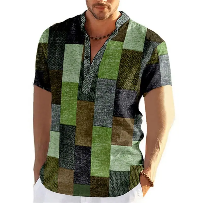 Vintage Patchwork Color Block 3D Print Henley Shirts Men's Fashion Stand Collar Short Sleeve T Shirt Male Tees Tops Man Clothing image 3