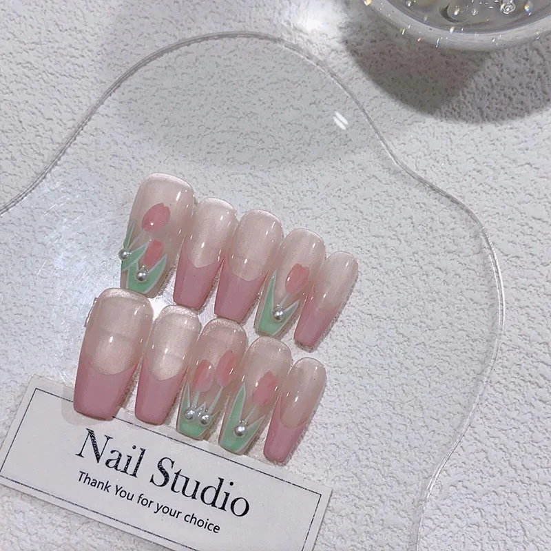 

Emmabeauty Pure Handmade Press On Nails Ice Transparent Summer Medium Long Hand-painted French Tulip.No.EM29111