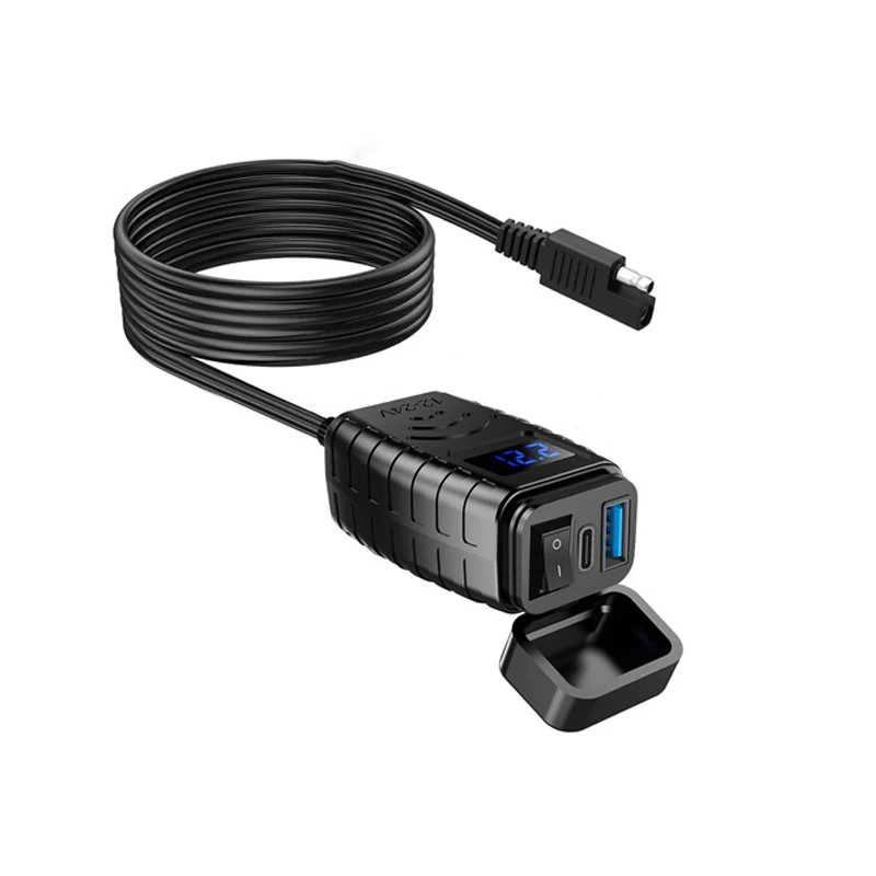 Motorcycle USB Charger Total 48W Dual USB Type C PD & Quick Charge 3.0 Motorcycle Phone Charger With Voltmeter & ON/Off Switch