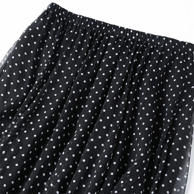 Gonna di seta da donna 100% seta di gelso Punti neri Stampati Gonna lunga tipo con fodera in seta Summer Beach Orlo grande Office Lady M1241