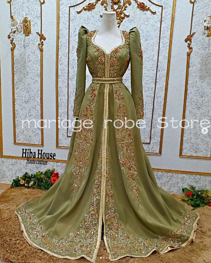 Sage Green Caftan Algerie Prom Occasion Dresses Long Sleeve Beaded Embroidery Applique Evening Gown Moroccan Kaftan robesoiree