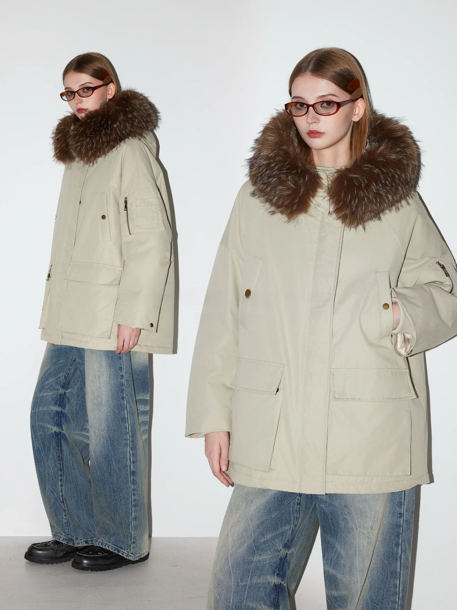 

MoodBerry American Retro Hooded Jaet Women's Winter Warm Loose Casual Workwear Coat with Fur Collar Commute Sle Zipper