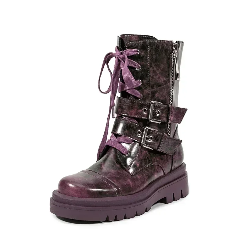 

European And American Punk Style Belt Buckle Front Tie Round Toe Short Boots 2024 Women's Side Zipper Fashion Boots