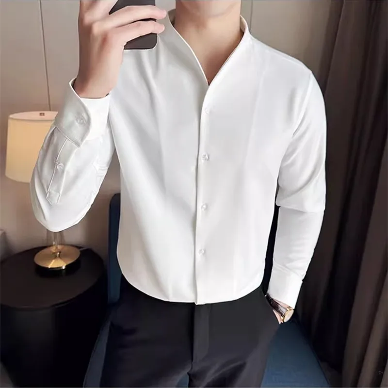 

2024 New Men's Solid Color Standing Collar Shirts Black / White Unique Design Men Business Social Wedding Prom Party Dress Shirt