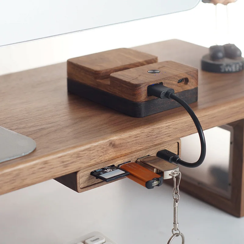 Black Walnut Wood USB Hub Under Desk Organizer Premium Desktop Riser Accessory with 3.0 Ports Multi-Device Charging Station