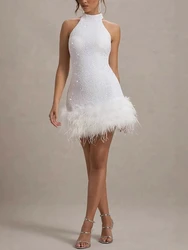 Elegant White Sequins Feather Hem Mini Dress Women Sexy Off Shoulder Slim Halter Dresses 2025 New Shiny Female Party Vestidos