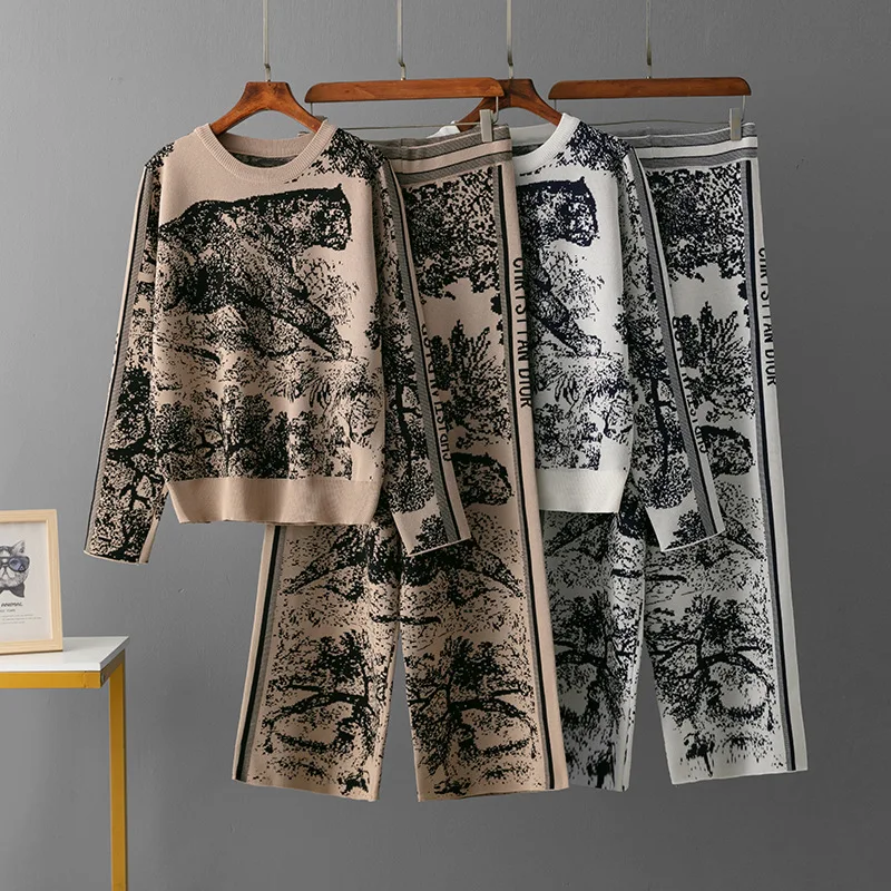 Elegante 2-delige set gebreide dierenprint sets dames o-hals lange mouw truien + wijde pijpen lange broek casual mode lente 2024