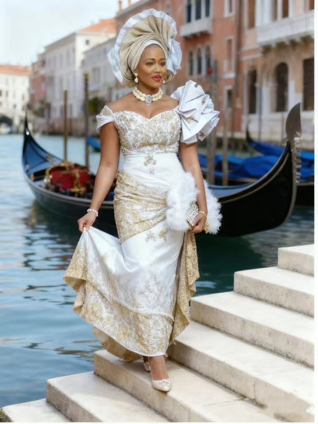 فستان زفاف أبيض نيجيري أفريقي فاخر مع دانتيل مطرز بالذهب عتيق مزين بفيستدو دي نويفال مخصص 0 يُباع بواسطة HJ-Weddi #4