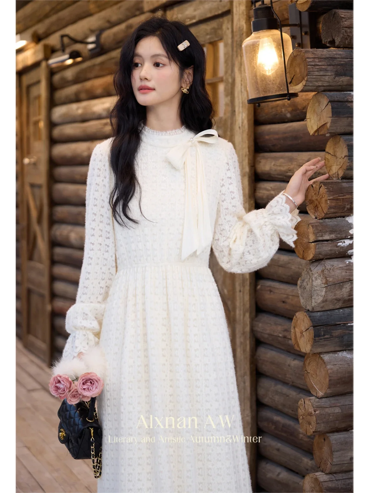 

ALXNAN Women Lace Dresses Warm O-neck Elastic High Waist Bow Tassel Long Sleeve Dress 2024 Winter Thickness Clothes Woman L52375