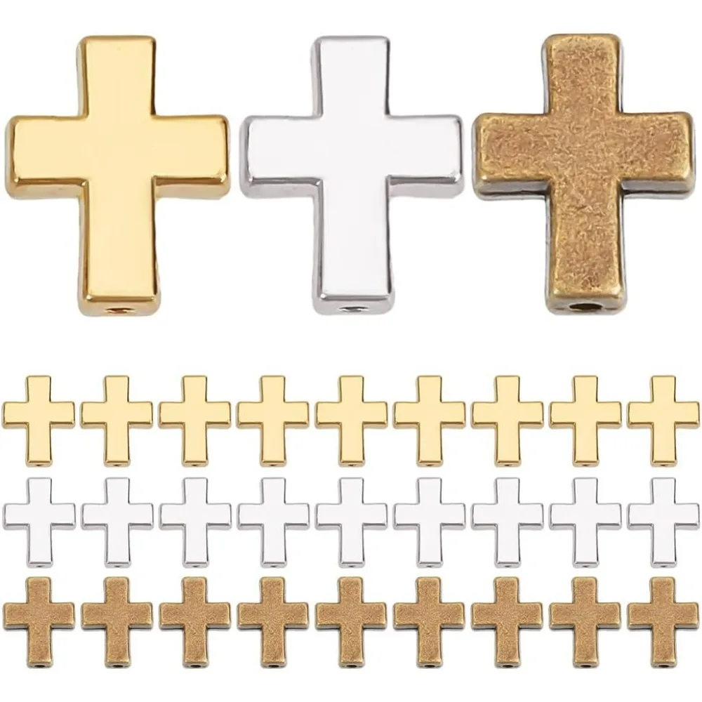 30Pcs Cross Spacer Beads 3 Colors Antique Bronze Crucifix Cross Charm 15mm Metal Connector Bead for for DIY