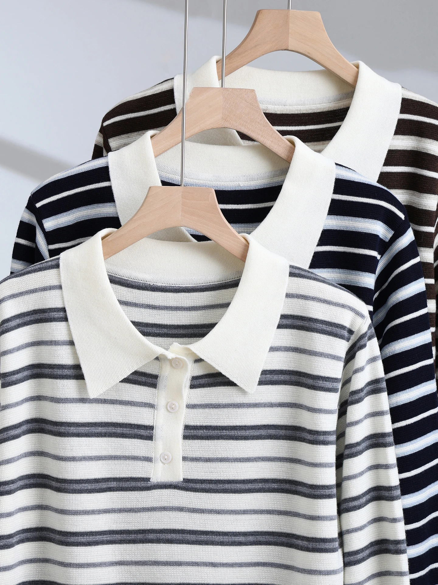 Elegant Fashion Women's T-Shirts Blend Wool Knitwear Spring Autumn Pullover Polo Blouse Striped Sweater Long Sleeve Clothes Tops view 6