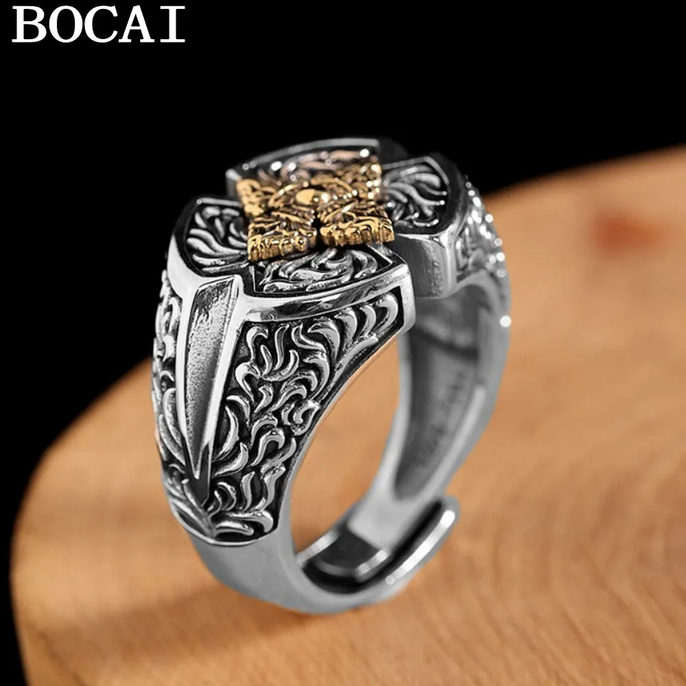 

BOCAI NEW S925 Silver Vintage Personality Men's Diamond Pestle Open Ring