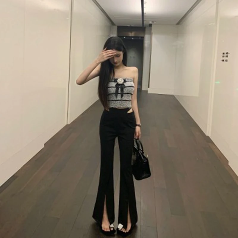 2024 Summer Sexy Strapless Camisole Women Chic Design Knitted Sleeveless Slim Crop Top Fashion Retro