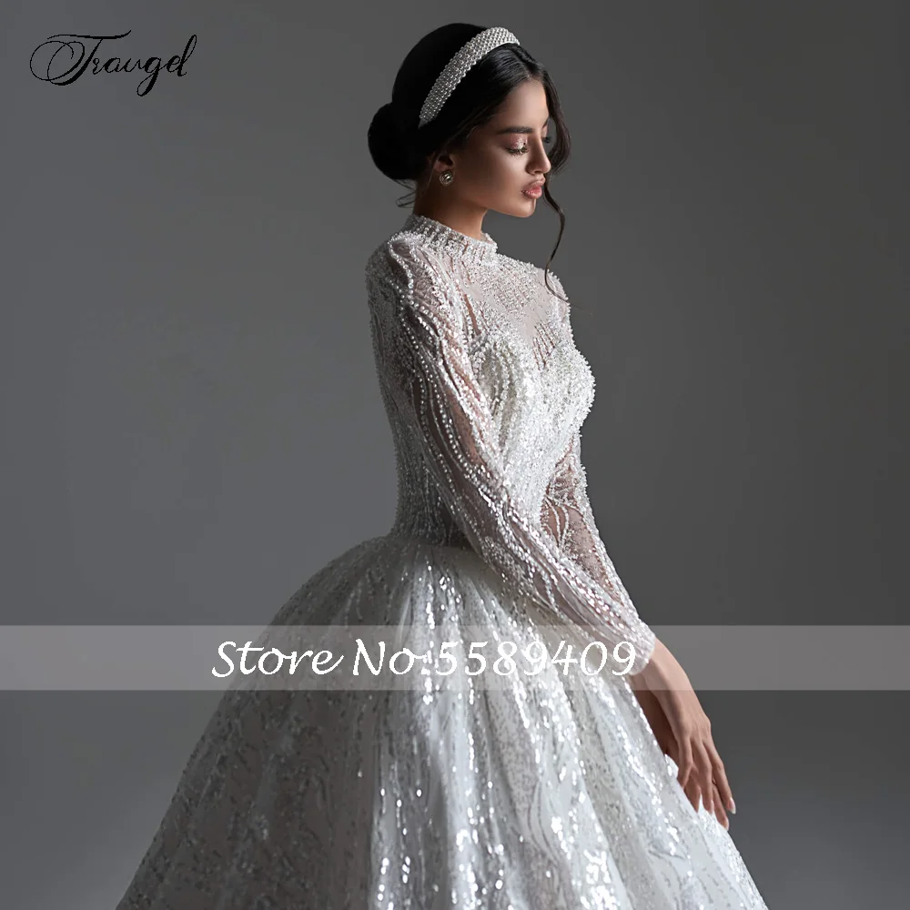 Traugel Ball Gown Gorgeous Wedding Dresses High Neck Long Sleeve Vestido De Novia Lace Sequined Shiny Royal Robe De Mariee