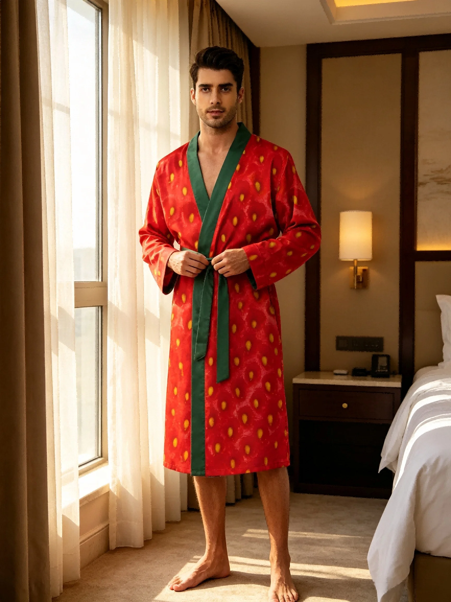 Men's lightweight quick-drying pajama bathrobe - 3D digital printing, non-fading design, stand-up collar and adjustable waistban