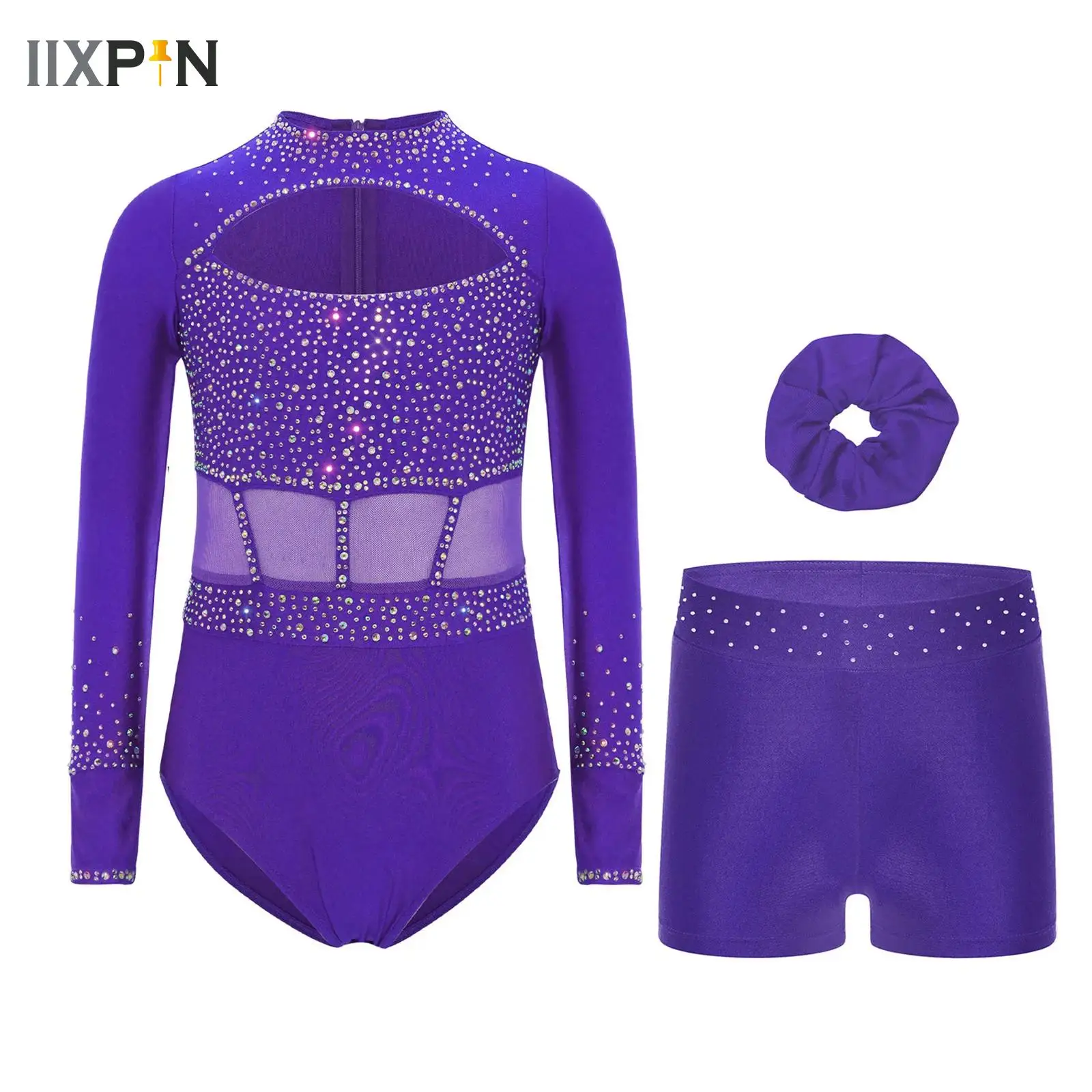 

Girls Ballet Dance 3Pcs/Set Gymnastics Leotard Jumpsuit with Shorts And Headwear Figure Skating Competition Practice Costume