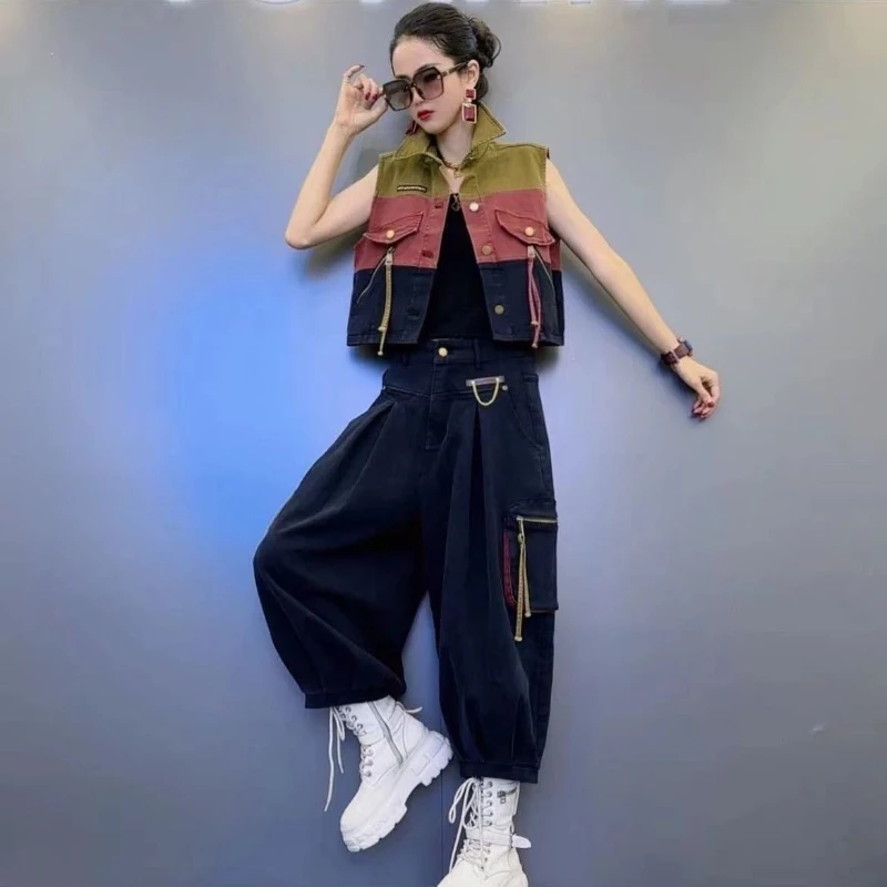 

Spring contrasting color personality two-piece set women's lapel collar single breasted denim vest loose lantern pants
