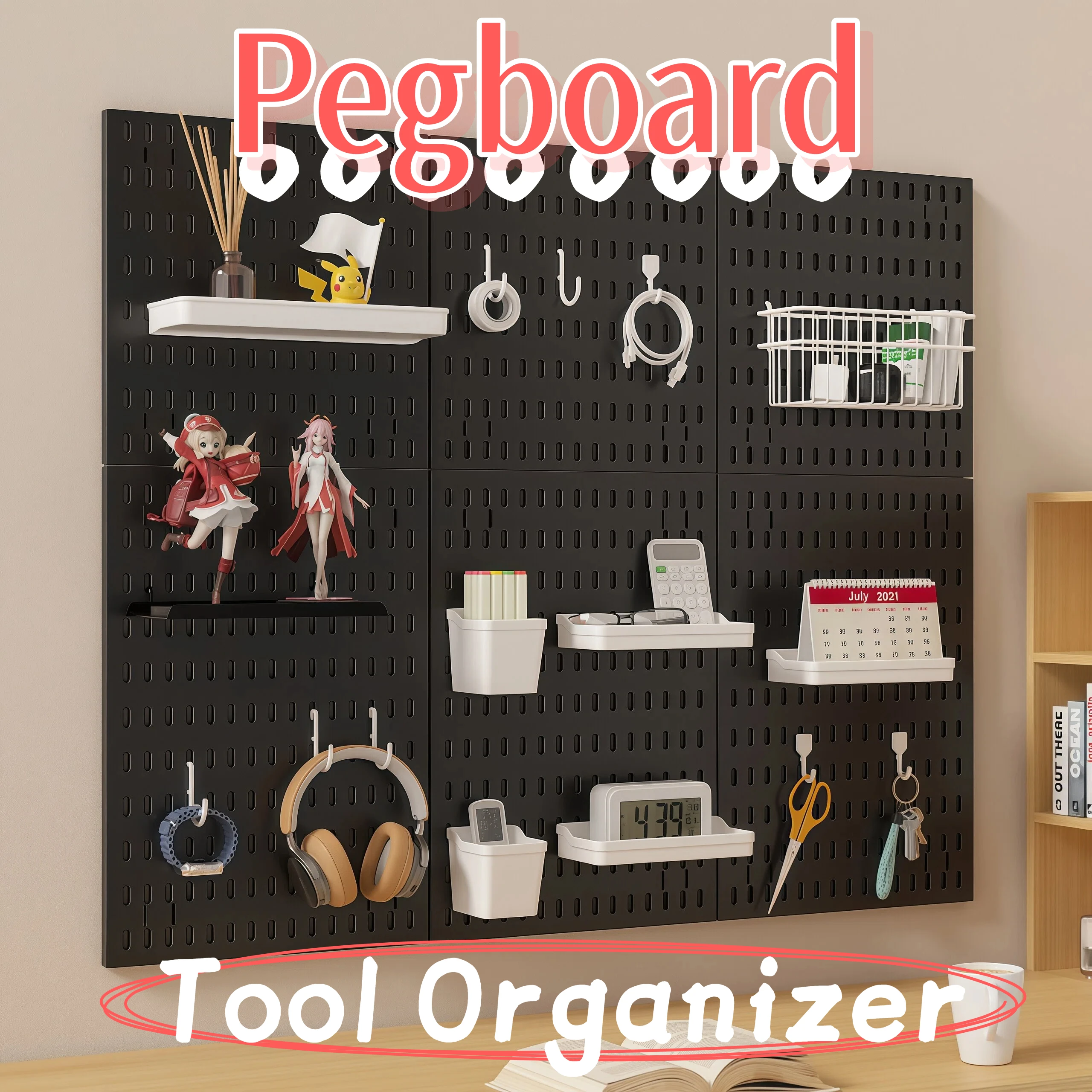 30x30cm PP Plastic Pegboard Wall Organizer, Small Hole Board with Hooks for Desktop Office Stationery Pen Holder Storage, Black