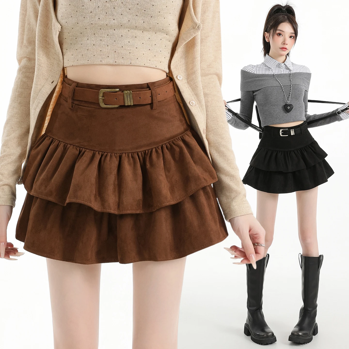 

High Waist A-Line ort Cake Skirt Women's Velvet f Skirt Slimming Versatile Korean Sle Commute Polyester Fiber