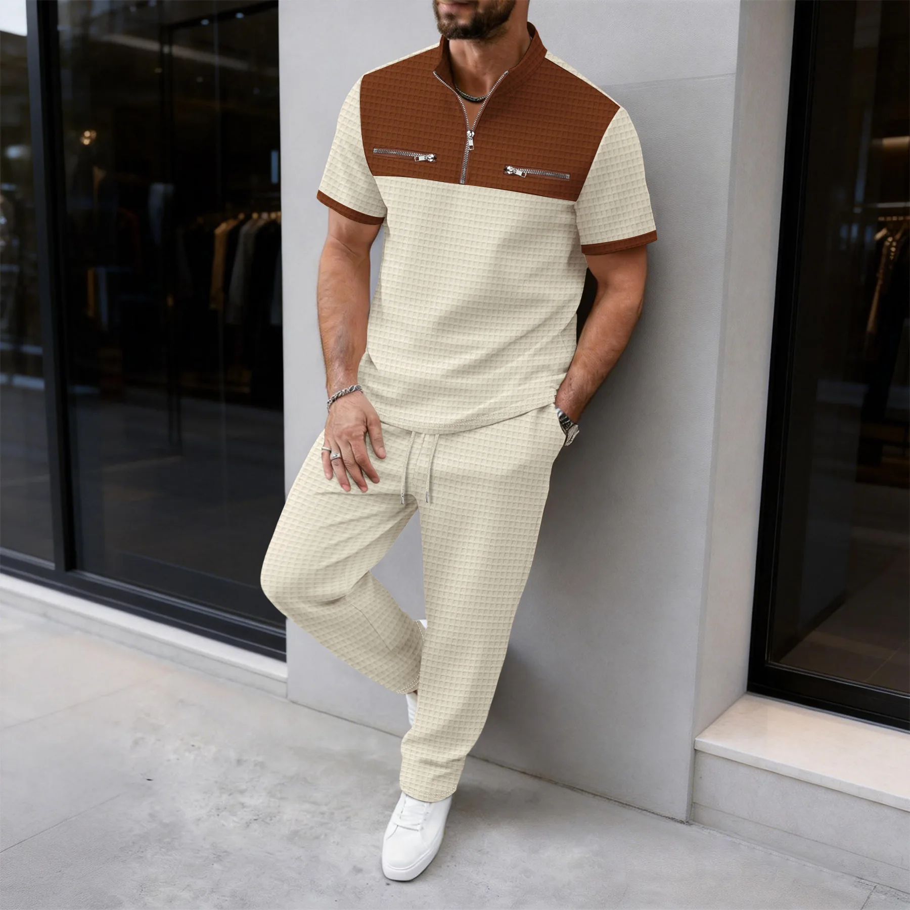 

New Men's Waffle Stand Collar Two Piece Set Zipper Pocket Casual Sports Top Shorts Loose Breathable Comfort Matching Tracksuit