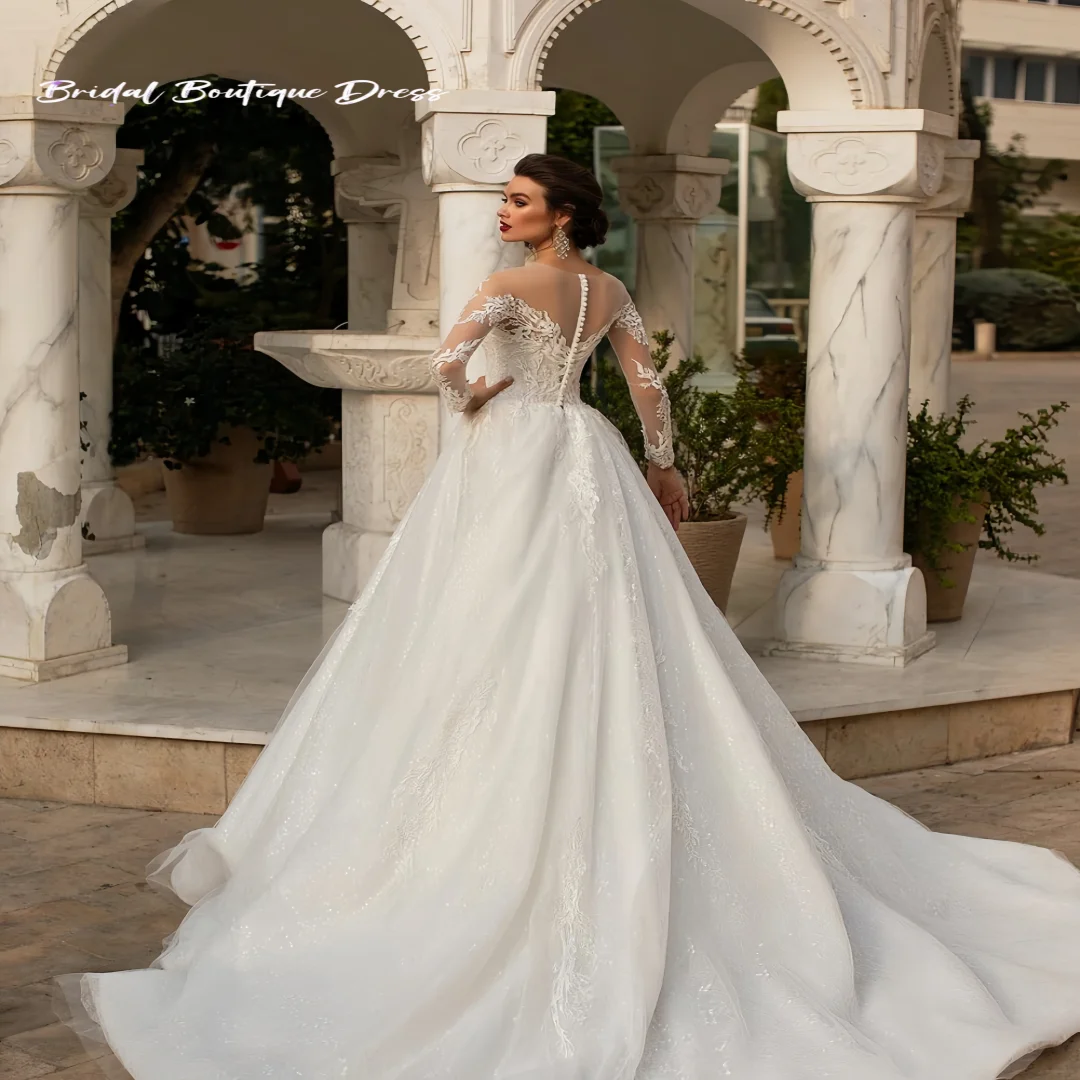 Vestido de novia exquisito personalizado, Apliques de encaje, cuello redondo, corte en A, espalda, vestido de fiesta de novia de lujo, vestidos de novia exquisitos elegantes 2024