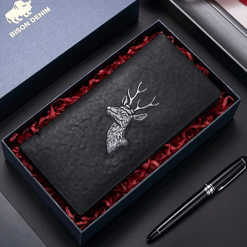 BISON DENIM Genuine Leather Long Wallet Men Business Slim Wallet Cow Leather Wallet Clutch Bag Male Card ID Money Purse