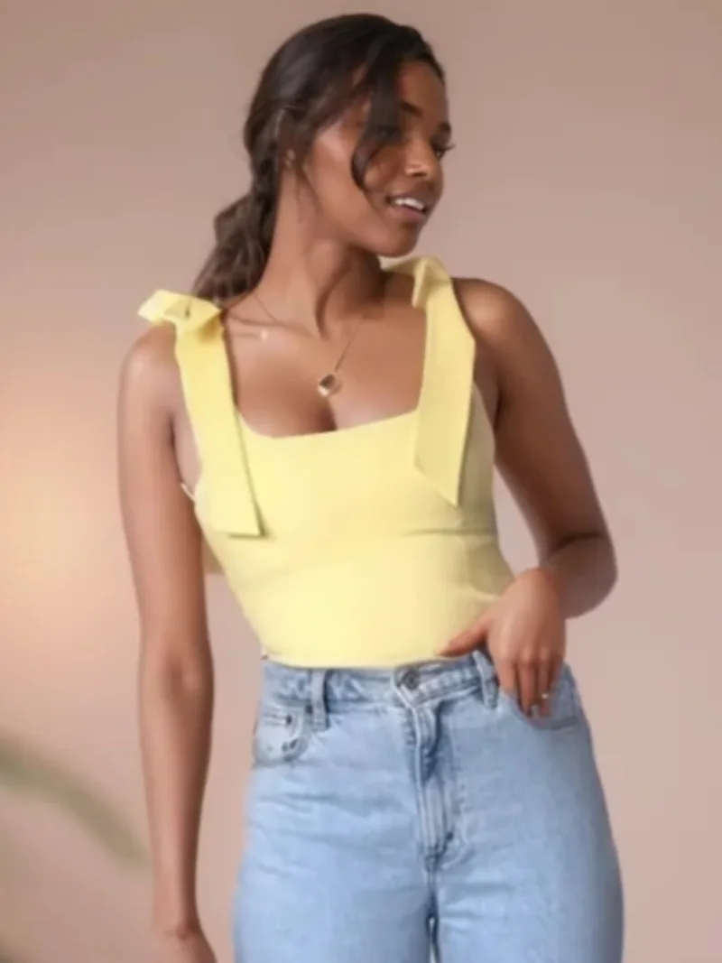 

Spring Vintage Slim Camis 2025 New Women Clothing Fashion Simple Bow Tie Trim Stretch Halter Beach Tops for Summer Camis