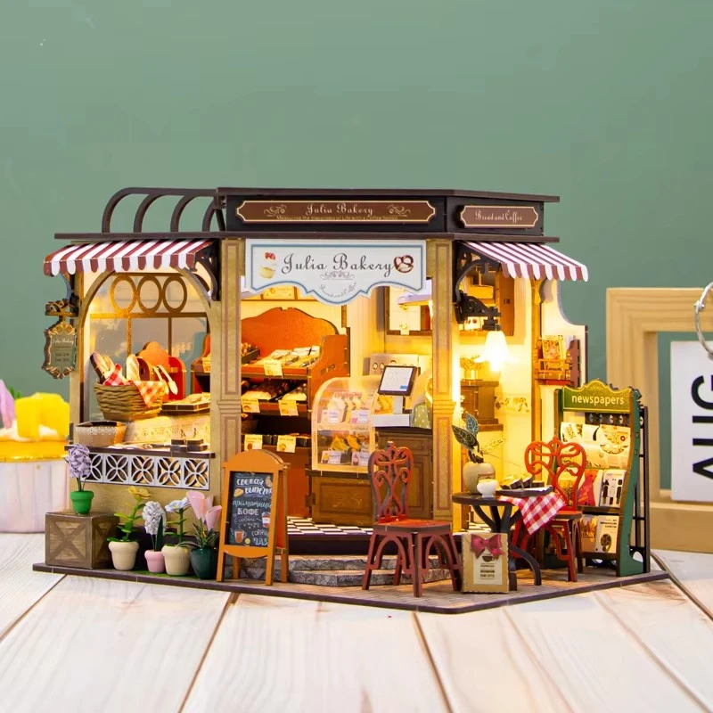 NEW Julie Bakery Cottage DIY Wooden House Figurines Miniature Kits With Furniture Home Desk Decoration For Adult Handmade Gifts