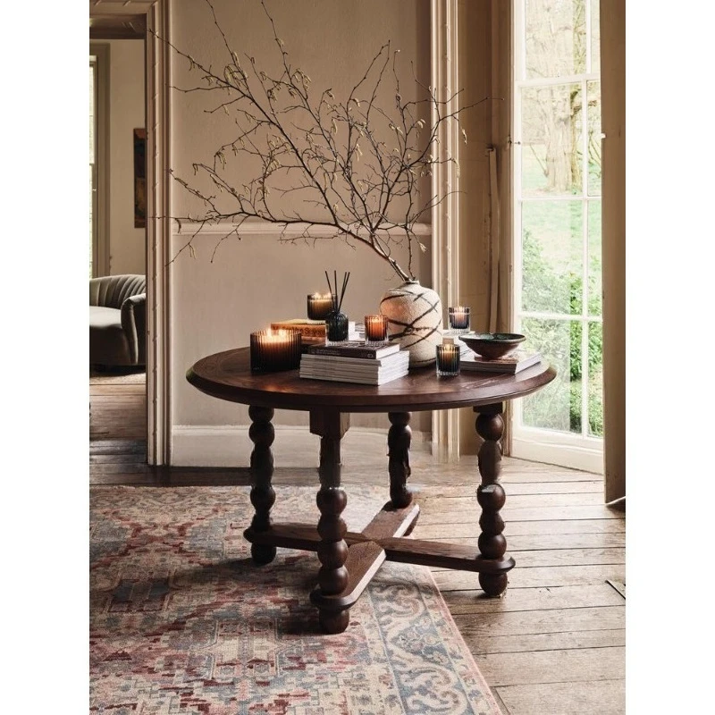 Medieval solid wood carving flower old dining table Roman column coffee table living room American style round home dining table