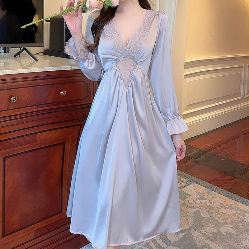 Robe Women's Ice Silk Pajamas Sexy Nightie Nightgowns Lace Sleepwear Long Sleeve Spring Autumn Satin Night Dress Homewear