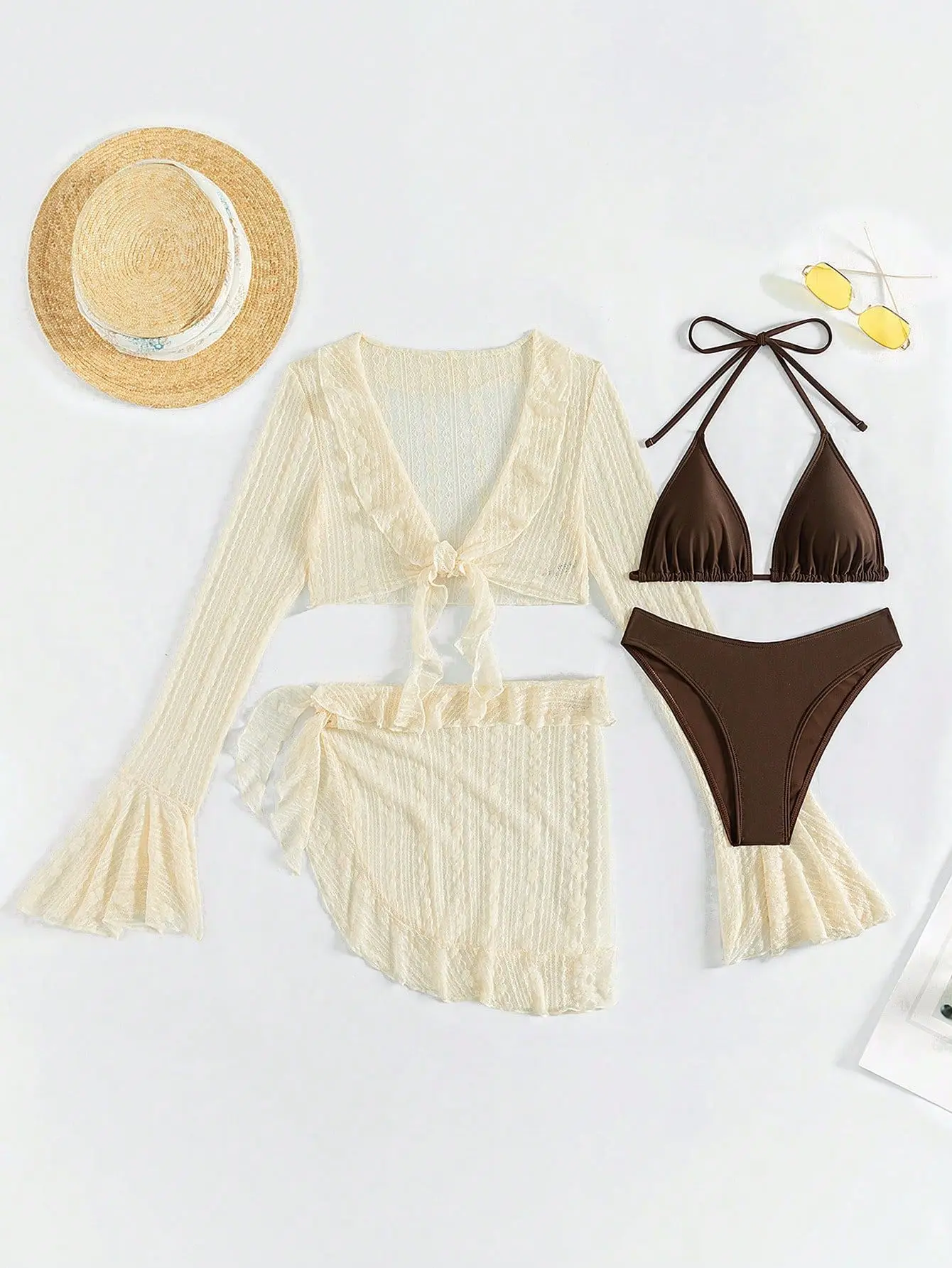 Bikini 2025 Mini Bikini de cintura alta para mujer, traje de baño de cuatro piezas con realce separado para playa, Poncho de encaje de malla, Bikini de manga larga para cubrir