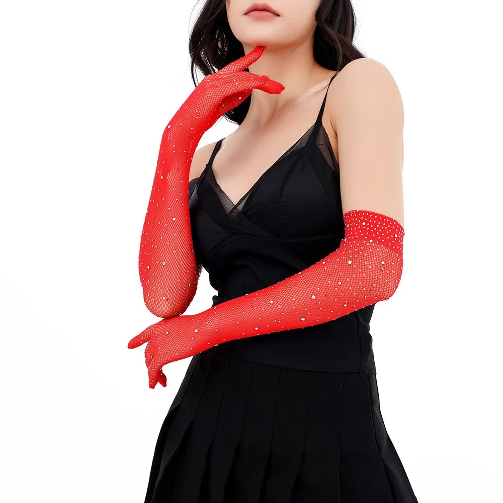 

Cosplay Sexy Elastic Rhinestones Mesh Gloves Fishing Net Arm Sleeve Women Diamond Full Finger Thin Long Gloves Party Clothing