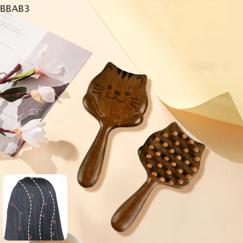 

Sandalwood Cartoon Cat Scalp Massage Comb Meridian Comb Toothed Head Hair Comb Body Beautify Massage Guasha Scraping Care