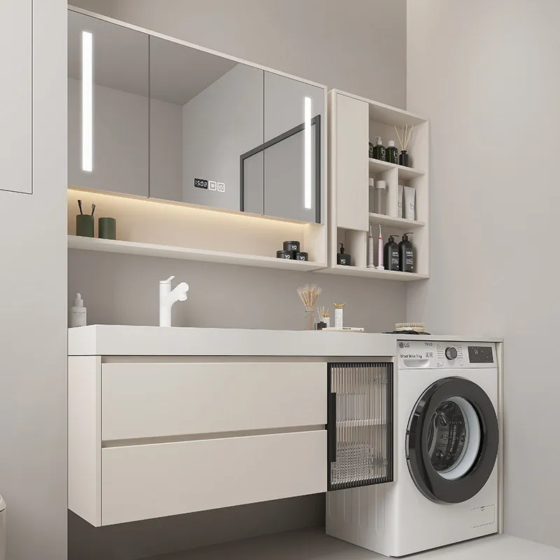 

Тумба для ванной комнаты с интегрированной стиральной машиной (высокая и низкая секции), бесшовная раковина, комбинация тумб из массива дерева