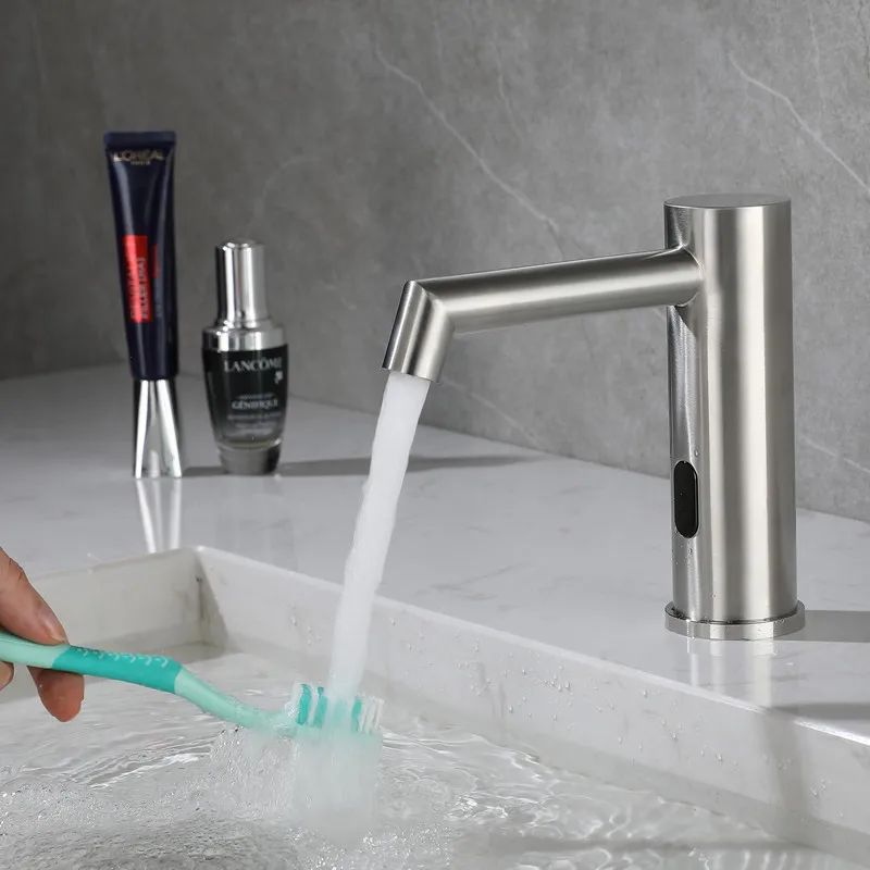 Touchless Sink Faucets Bathroom Infrared Motion Sensor Basin Tap Deck Mount Stainless Steel Brush Nickel Battery Induction Crane