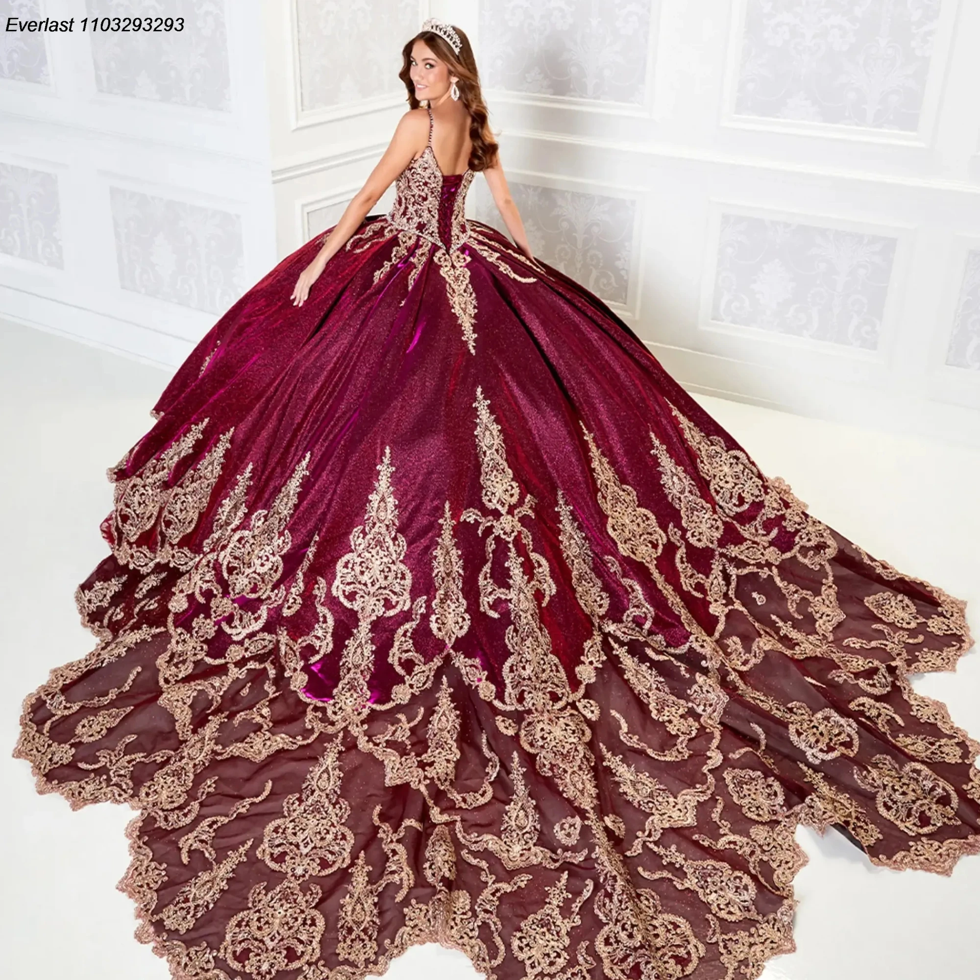 

EVLAST Customized Purple Quinceanera Dress Ball Gown Gold Lace Applique Crystals Beaded Cape Sweet 16 Vestido De 15 Anos TQD339