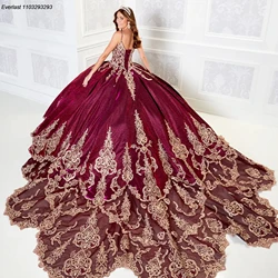 EVLAST Customized Purple Quinceanera Dress Ball Gown Gold Lace Applique Crystals Beaded Cape Sweet 16 Vestido De 15 Anos TQD339