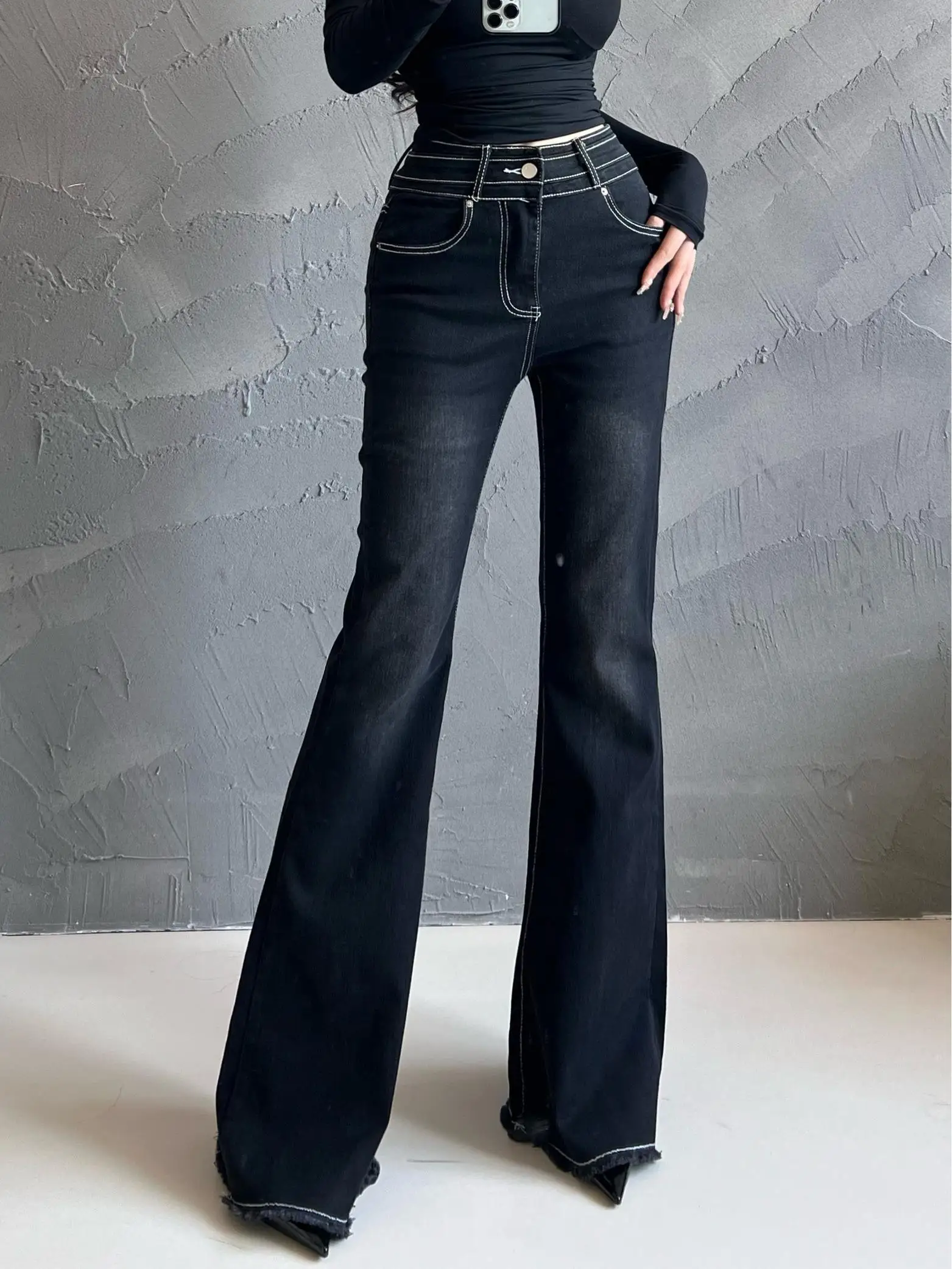 2024 Spring/autumn New Spicy Girl High Waisted Lift Buttocks Denim Women's Solid Color Slim Retro Micro Flared Long Pants MYB4