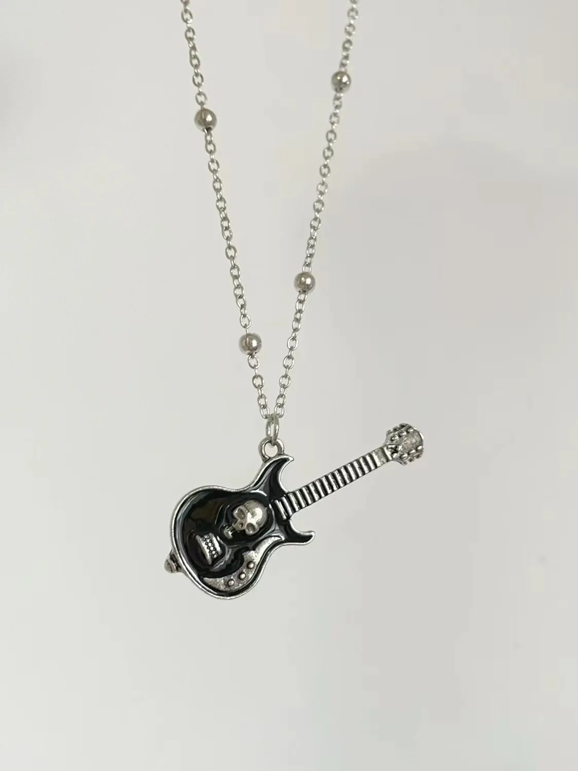 Y2K Rock Skull Guitar Pendant Stainless Steel Necklace for Women Men Gothic Punk Unusual Neck Chain Fashion Jewelry Accessories