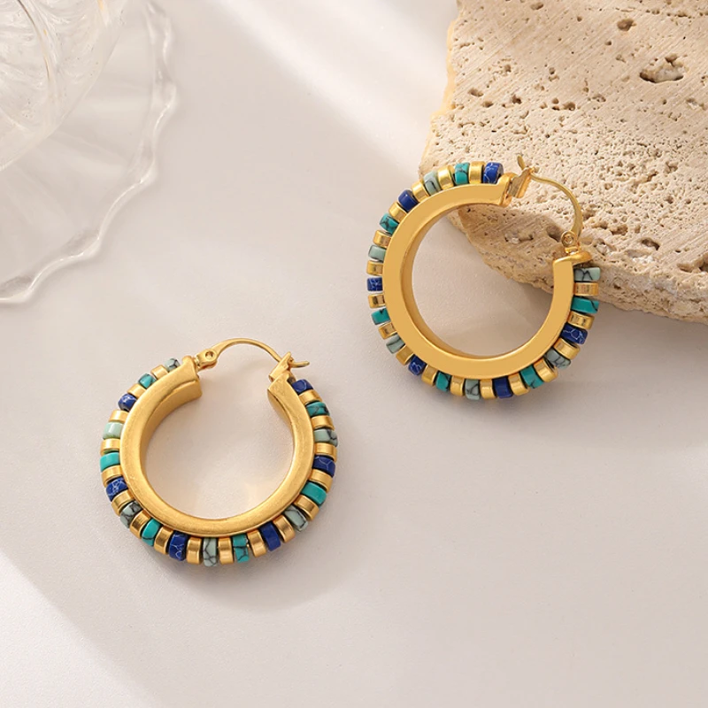 Fashion Jewelry Multi Color Green Blue Colorful Bead Stones Earrings For Women Girl Gift Hot Sale Design Hoop Accessories
