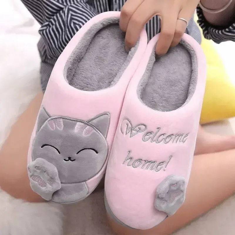 Couple Winter Home Slippers Women Shoes Cute Cartoon Cat Slippers Men Warm Plush Slides Indoor Bedroom Anti-Slip Floor Slipper