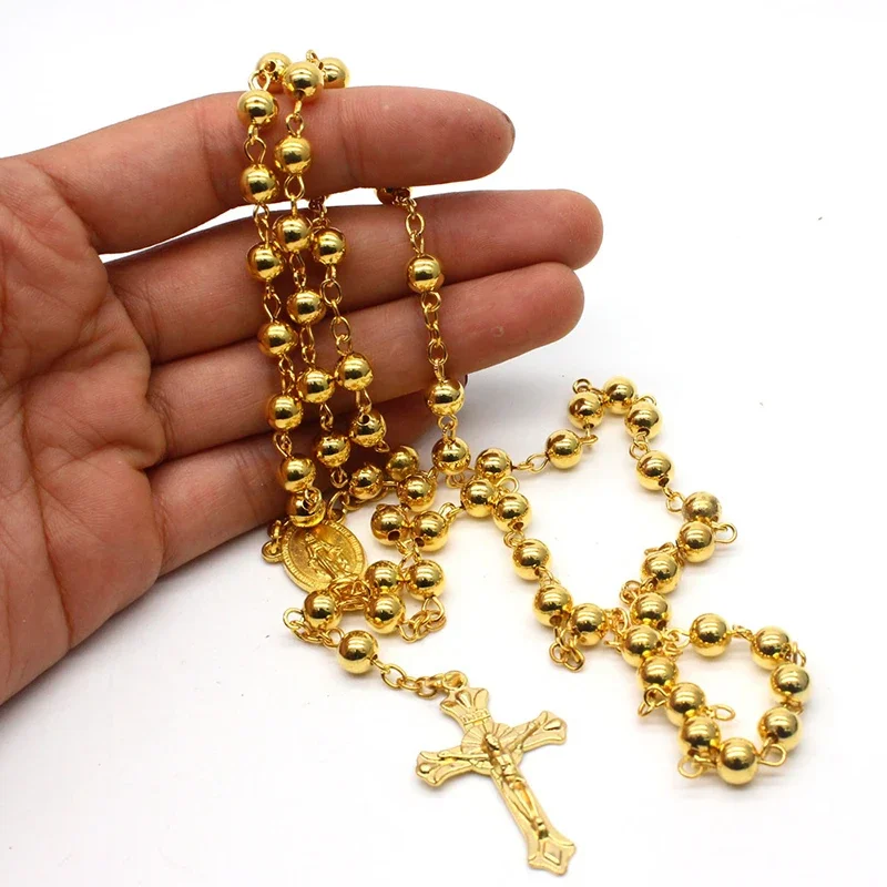 CR019 Religious Christian Rosary Beads Necklace Jesus Cross Pendant Necklace Long Chain Neck Jewelry Gift