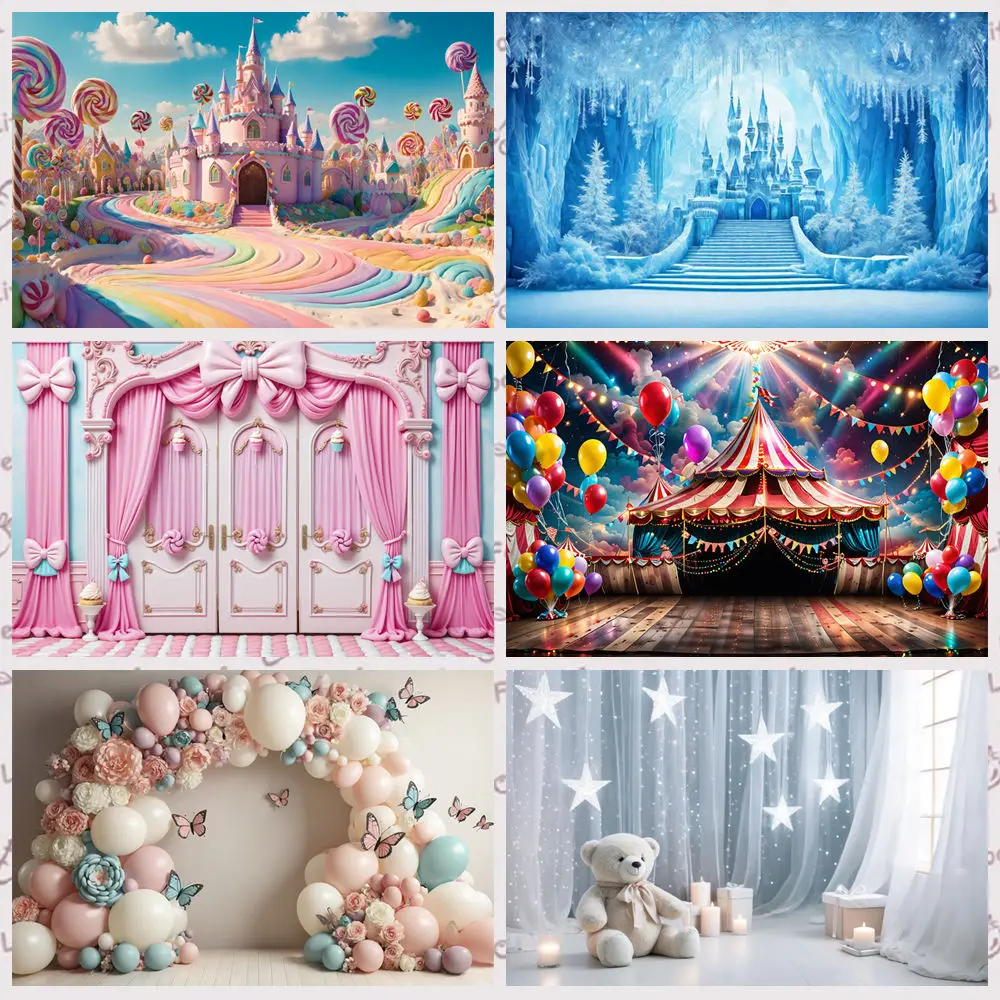 

MOON.QG Balloon Candyland Castle Birthday Decorations Backdrop Teddy Bear Butterfly Background Baby Photography Studio Supplies